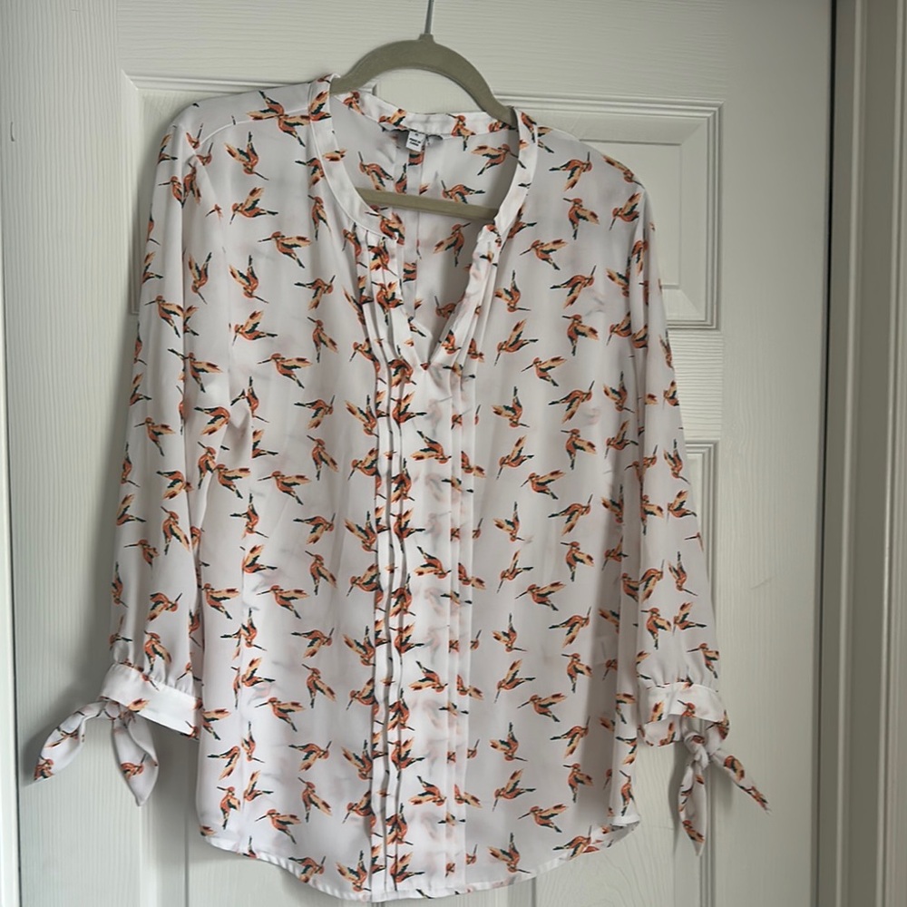 41 Hawthorn White Blouse with Colorful Bird Design